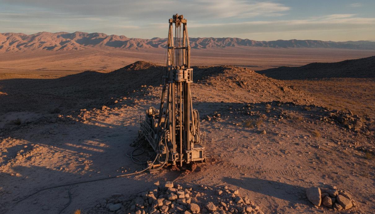 Newmont сможет получить до 75% в золотом проекте Jupiter в Неваде Буровая установка на каменистом горном плато в пустыне Невады в лучах заходящего солнца