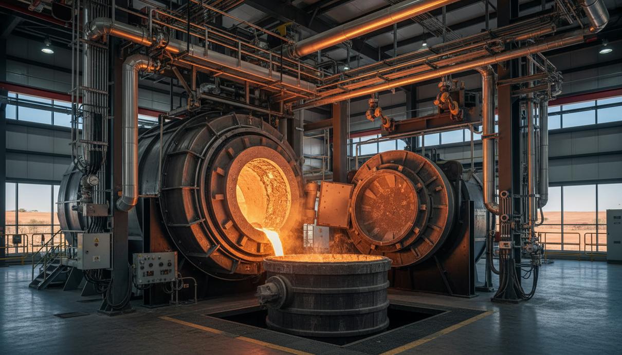 Fortescue получила первый металл на пилотной электропечи в Австралии Электроплавильная печь и поток расплавленного металла на промышленном предприятии в Западной Австралии