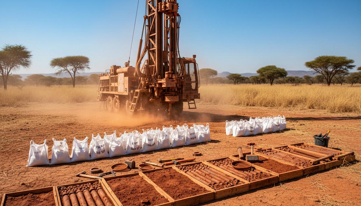 Tertiary Minerals расширила зону оруденения на проекте Мушима-Норт в Замбии Буровая установка и ряды отобранных геологических проб на площадке в саванне Замбии