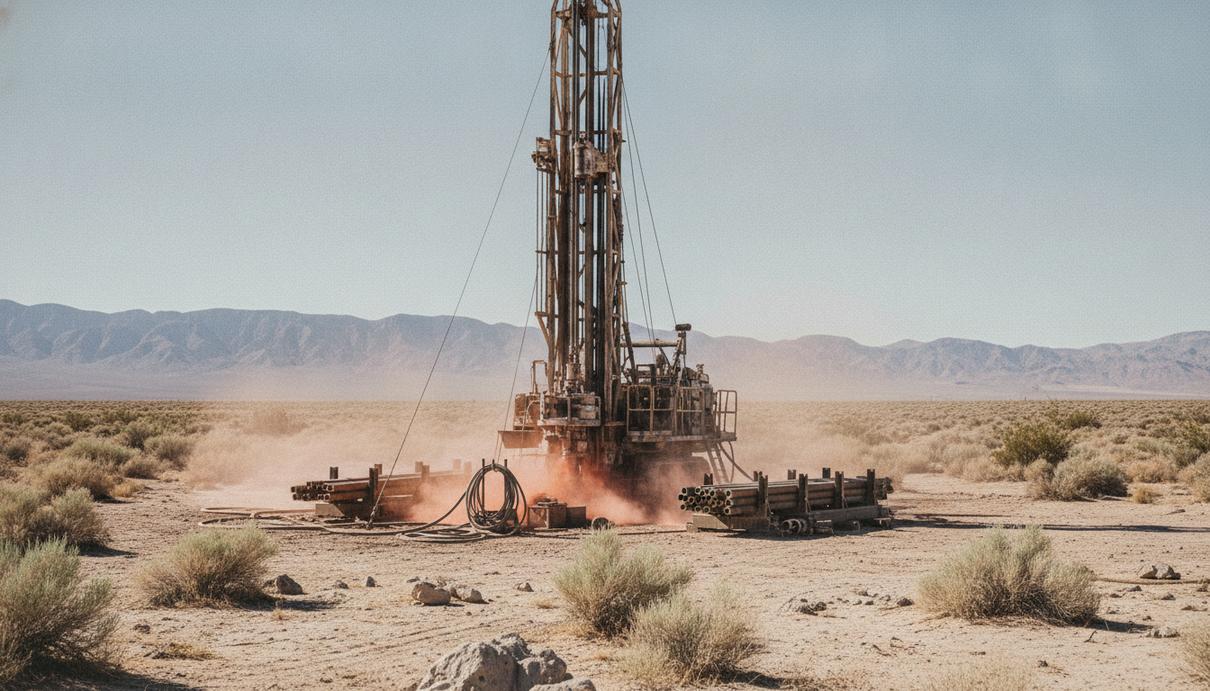 A2Gold пробурила 4400 метров на проекте Тейлор в Неваде Буровая установка в пустынной местности штата Невада на фоне холмов.