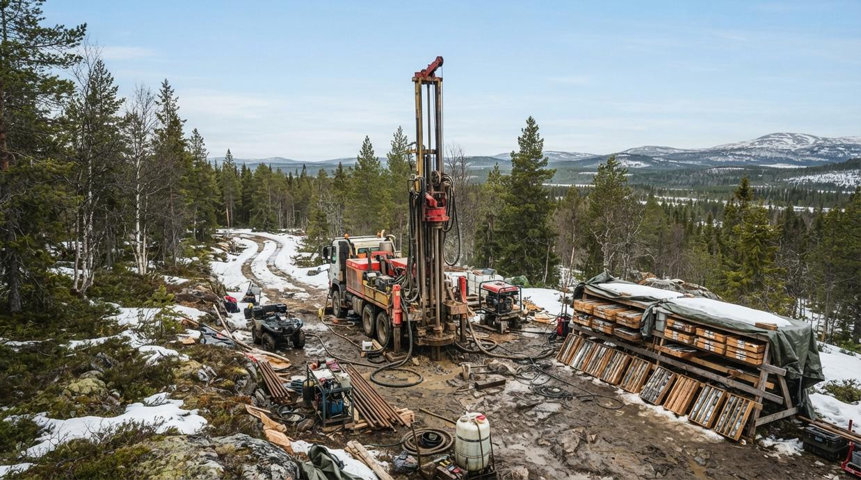 District Metals начала бурение на урановом проекте Викен в Швеции Буровая установка для колонкового бурения в лесу северной Швеции