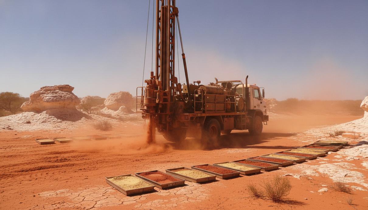 Tali Resources начнёт бурение на редкие земли в Австралии Буровая установка на фоне красной пустыни и каменистых пород в австралийском буше