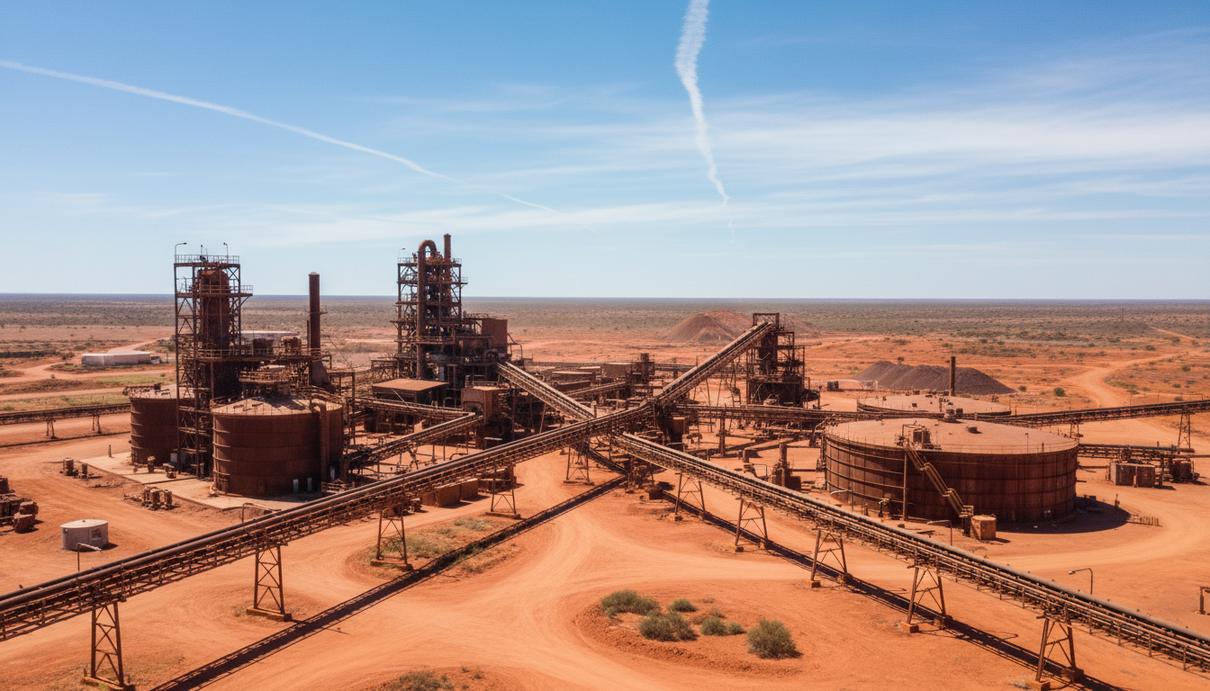BHP продаст никелевую обогатительную фабрику Камбалда компании Gold Fields Горно-обогатительная фабрика и промышленные резервуары на фоне пустынного пейзажа в Западной Австралии