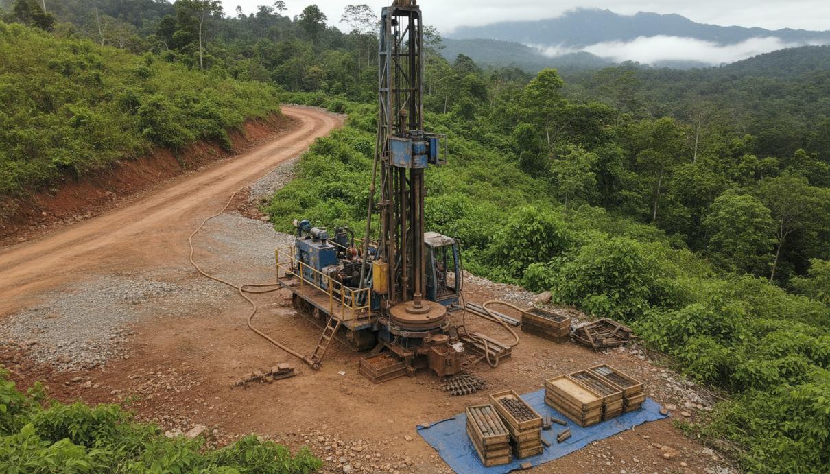 Estrella Resources начнёт бурение на медь и золото в Восточном Тиморе Буровая установка для геологоразведки на склоне зеленого холма в Восточном Тиморе